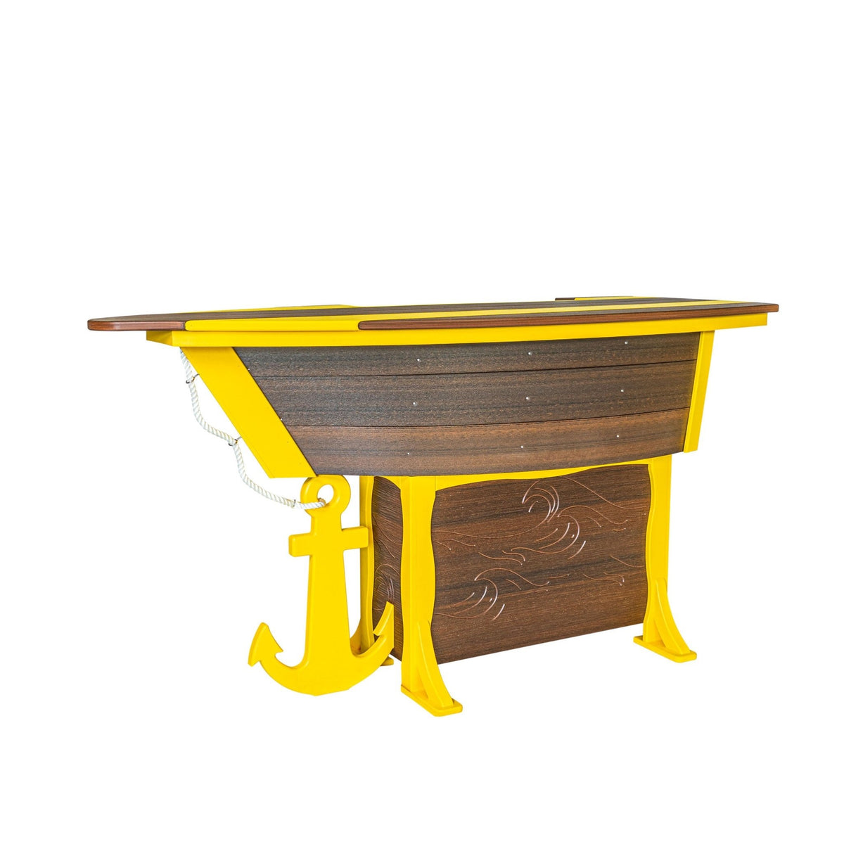 Brown wood grain boat shaped poly bar table with yellow anchor, legs and trim plus a white rope railing on white