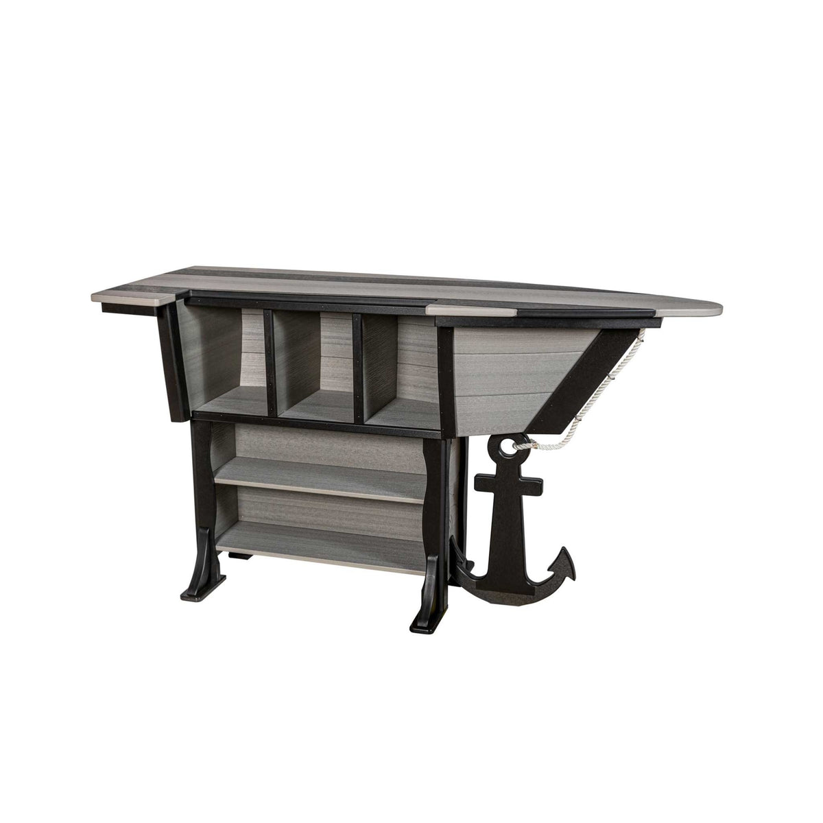 Back view of the gray and black boat shaped patio bar showing open storage cubbies and lower shelf with anchor accent