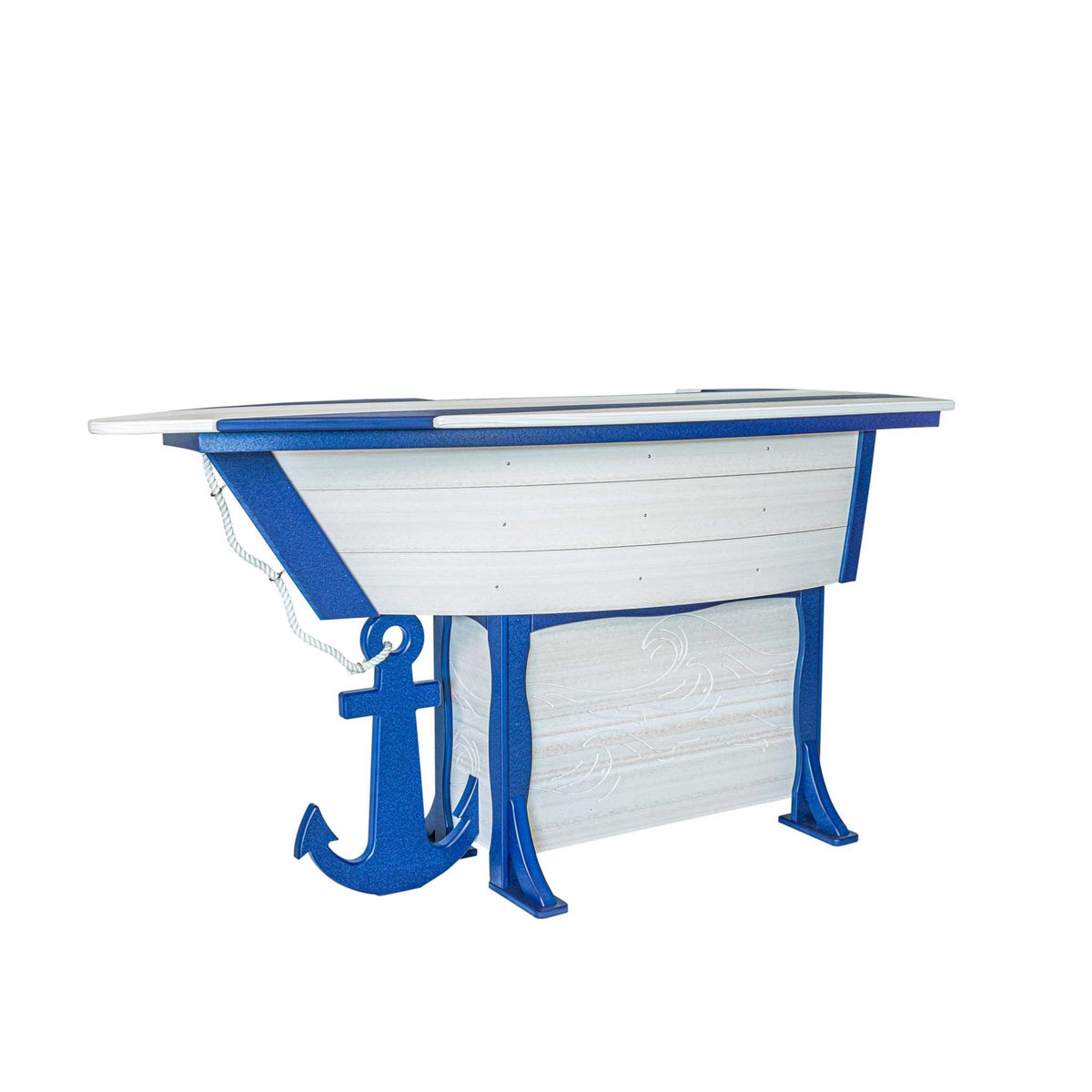 White boat shaped poly bar table with bright blue trim, anchor accent and rope detail, wave carved base on white