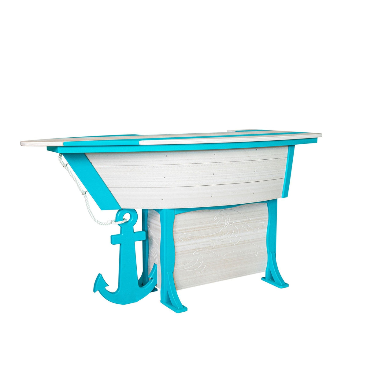 White and turquoise boat shaped patio bar table with rope trim, aqua anchor and wave etched panel on a white background