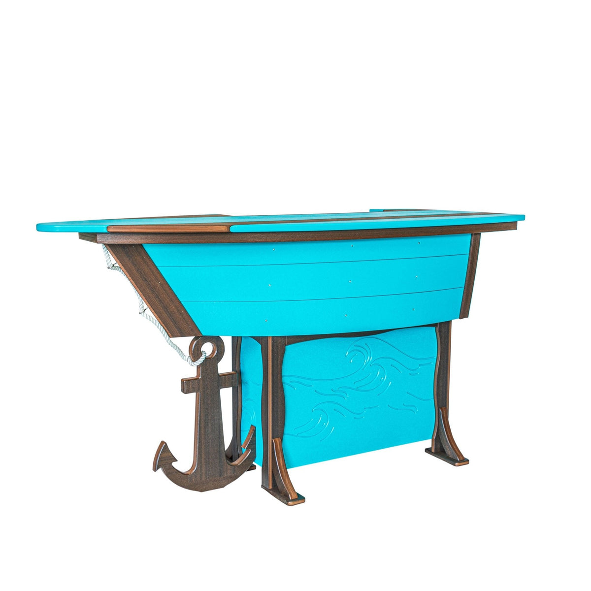 Aqua boat shaped poly bar table with brown trim, wave carved base panel and a hanging anchor with rope on white