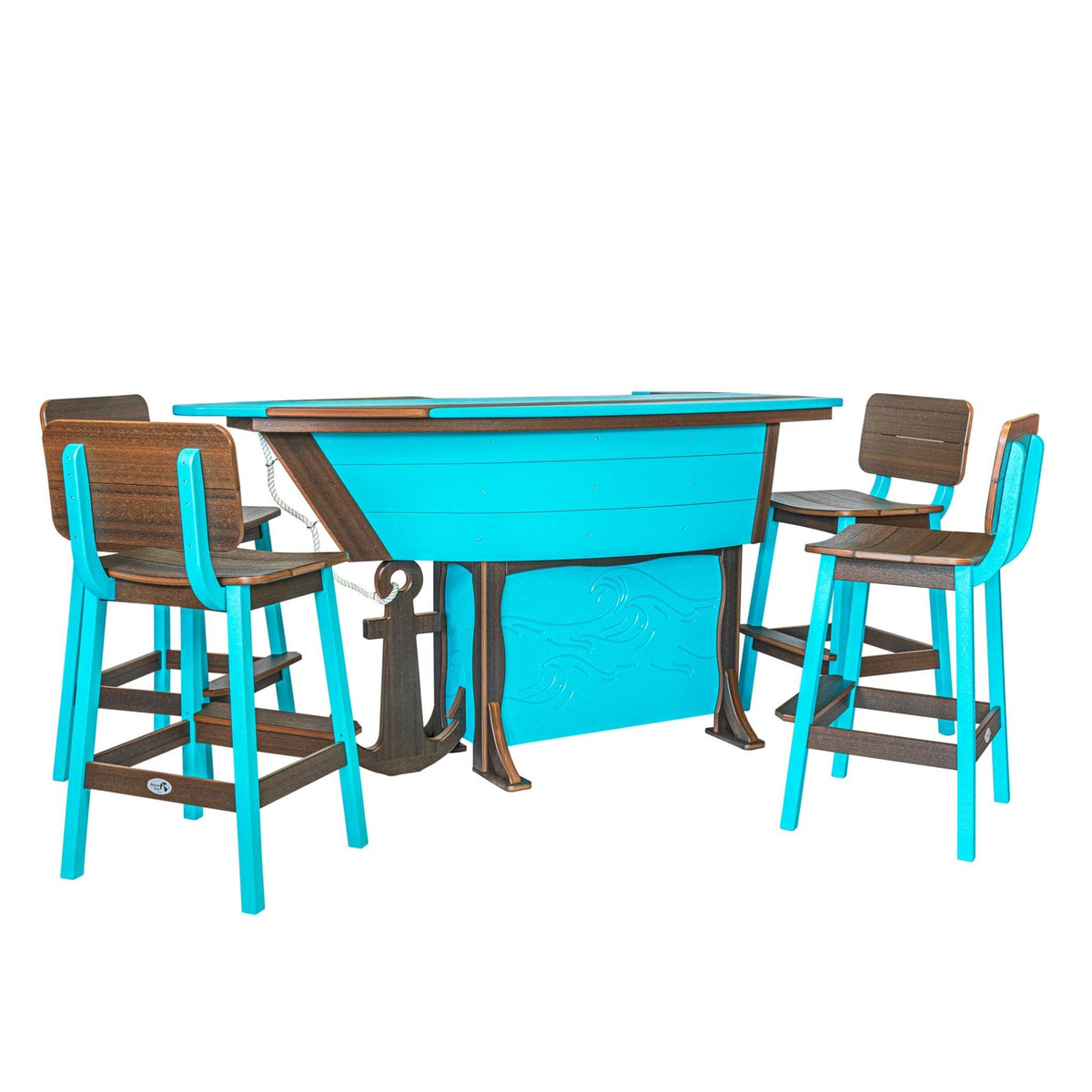 Aqua and brown boat shaped patio bar set with four matching bar chairs, anchor accent and wave carved base
