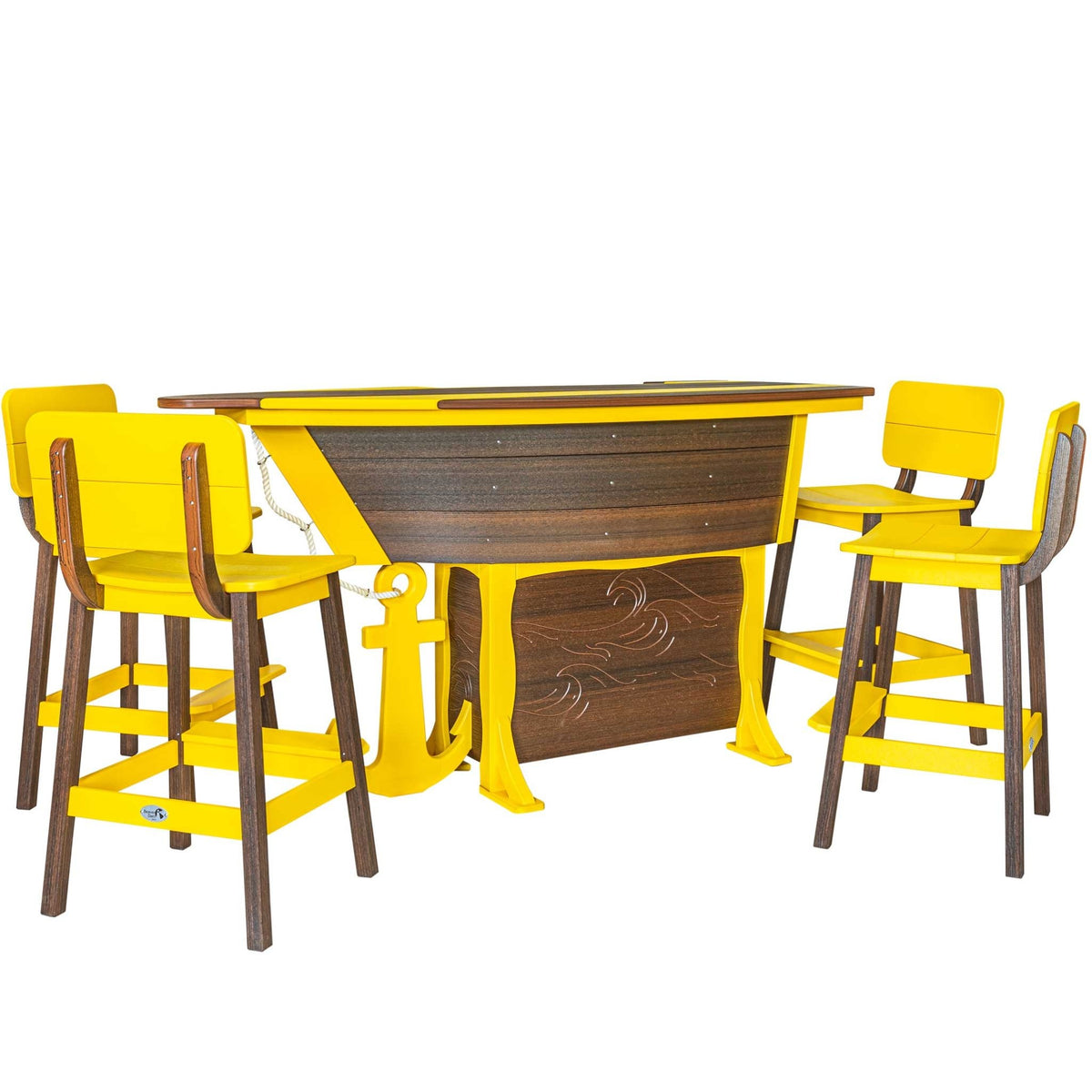 Yellow and brown boat shaped patio bar table with four tall bar chairs, rope railing and yellow anchor accent