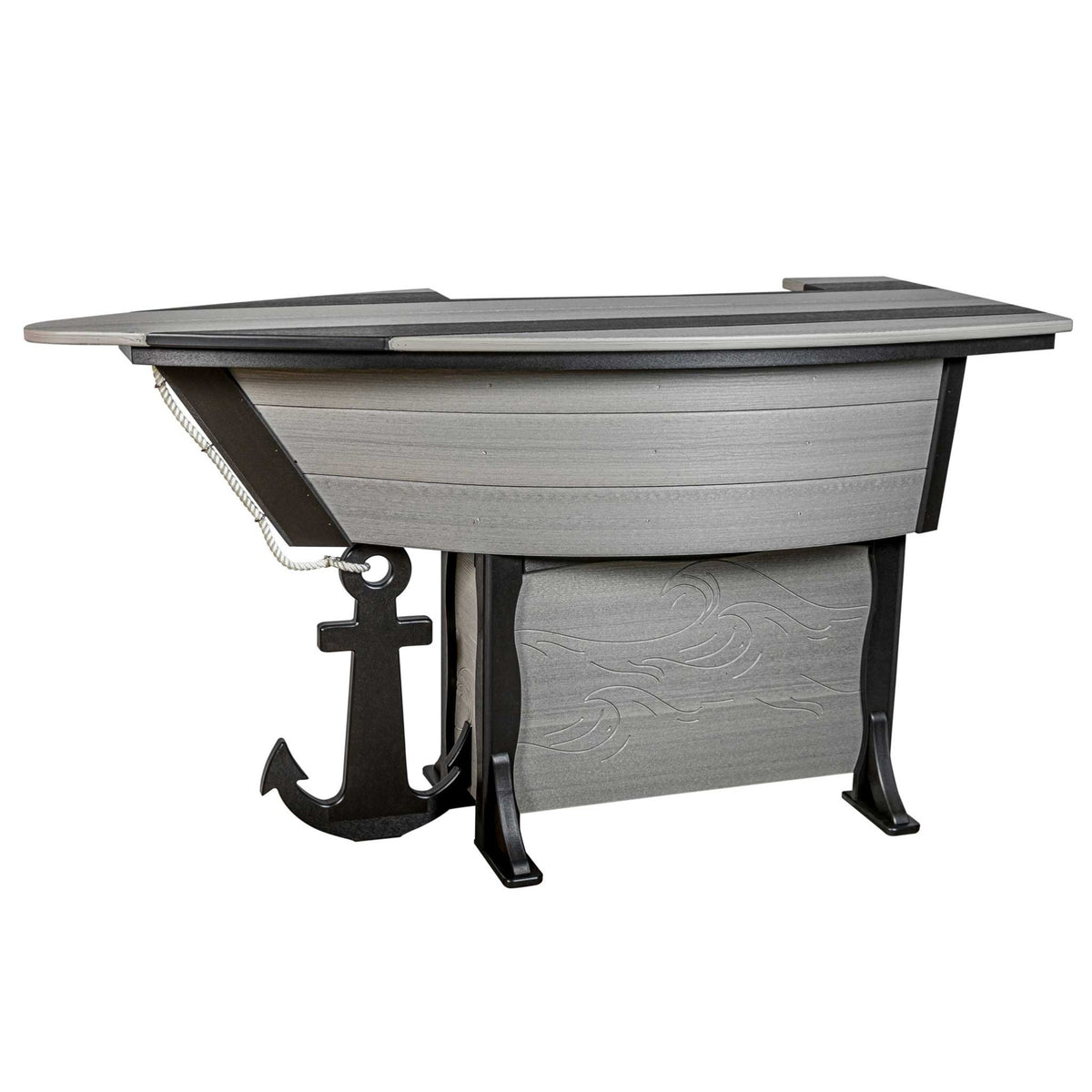 Driftwood gray and black boat shaped poly bar table with wave etched base, rope trim and black anchor accent on white