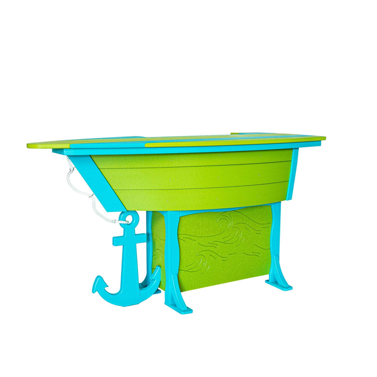 Lime green and turquoise boat shaped poly bar table with wave carved base, rope railing and anchor shaped side accent