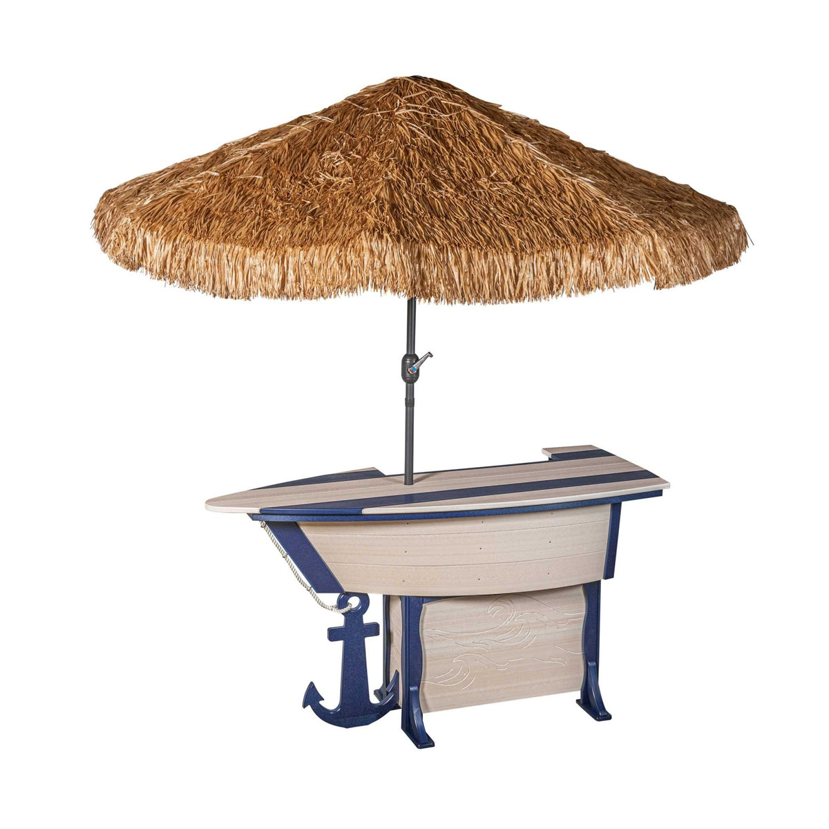 Weatherwood and navy boat shaped bar table shaded by a thatched grass patio umbrella on a white background