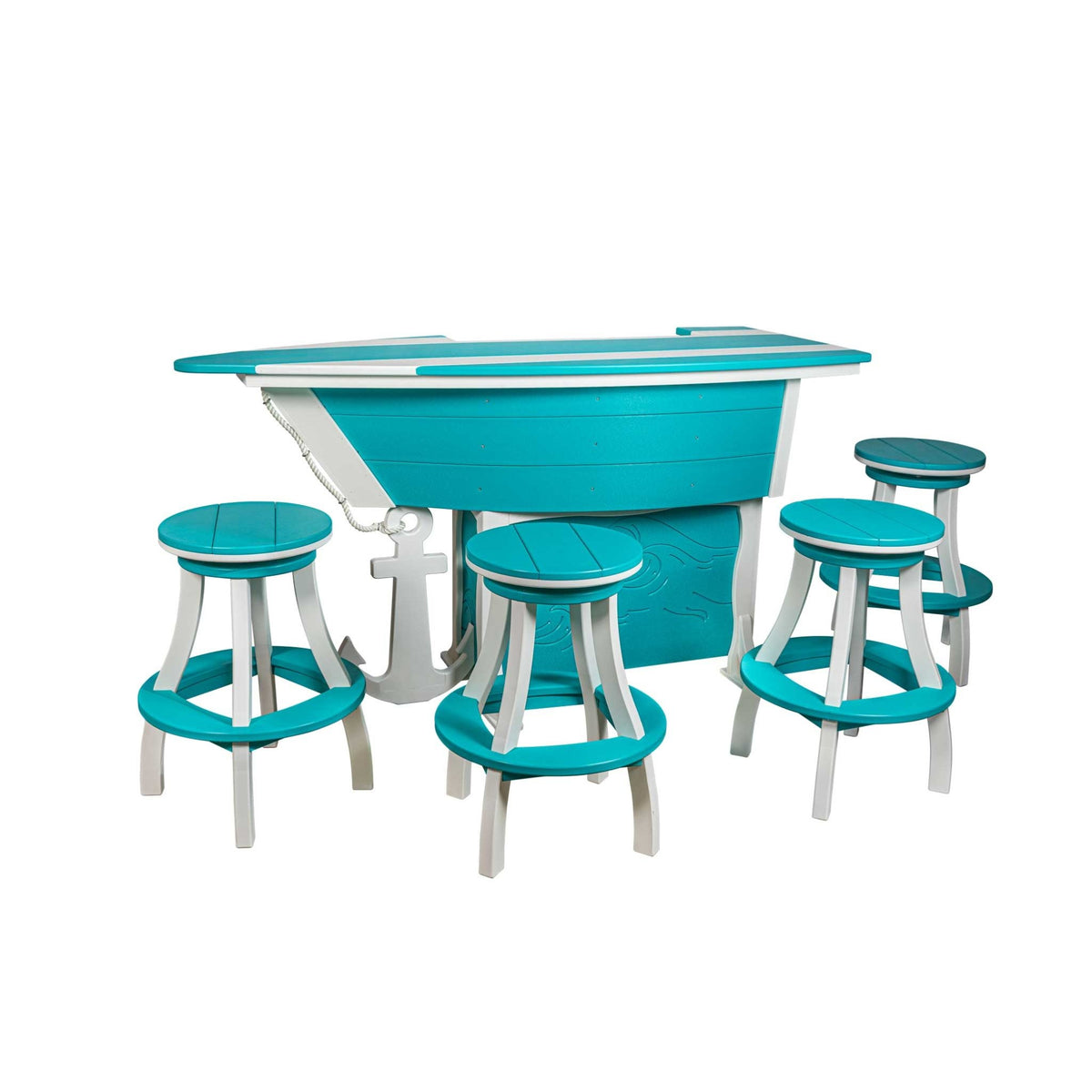 Turquoise and white boat shaped bar table paired with four round swivel bar stools on a white background