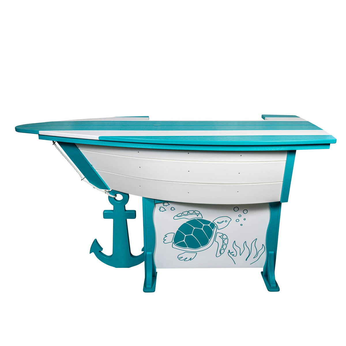 Teal and white boat shaped patio bar table with turtle engraving, rope and anchor detail on a white background