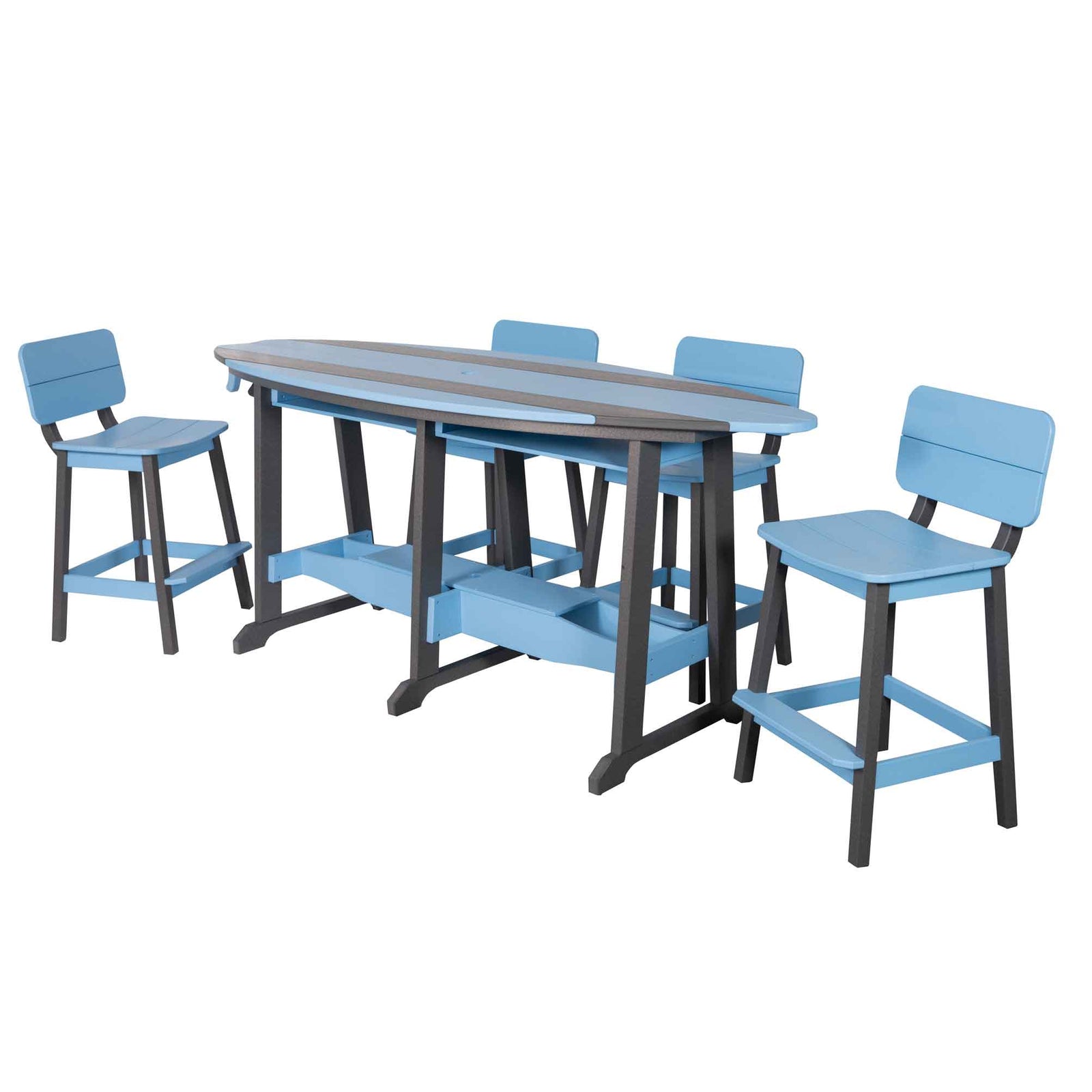 Aqua and white surfboard shaped counter table with six matching counter chairs and umbrella on a deck by a lighthouse
