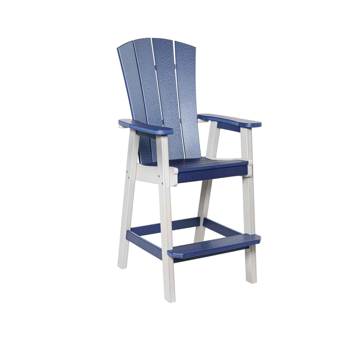 Navy and white poly bar height chair with fanned back slats, contoured seat, wide arms and a footrest bar