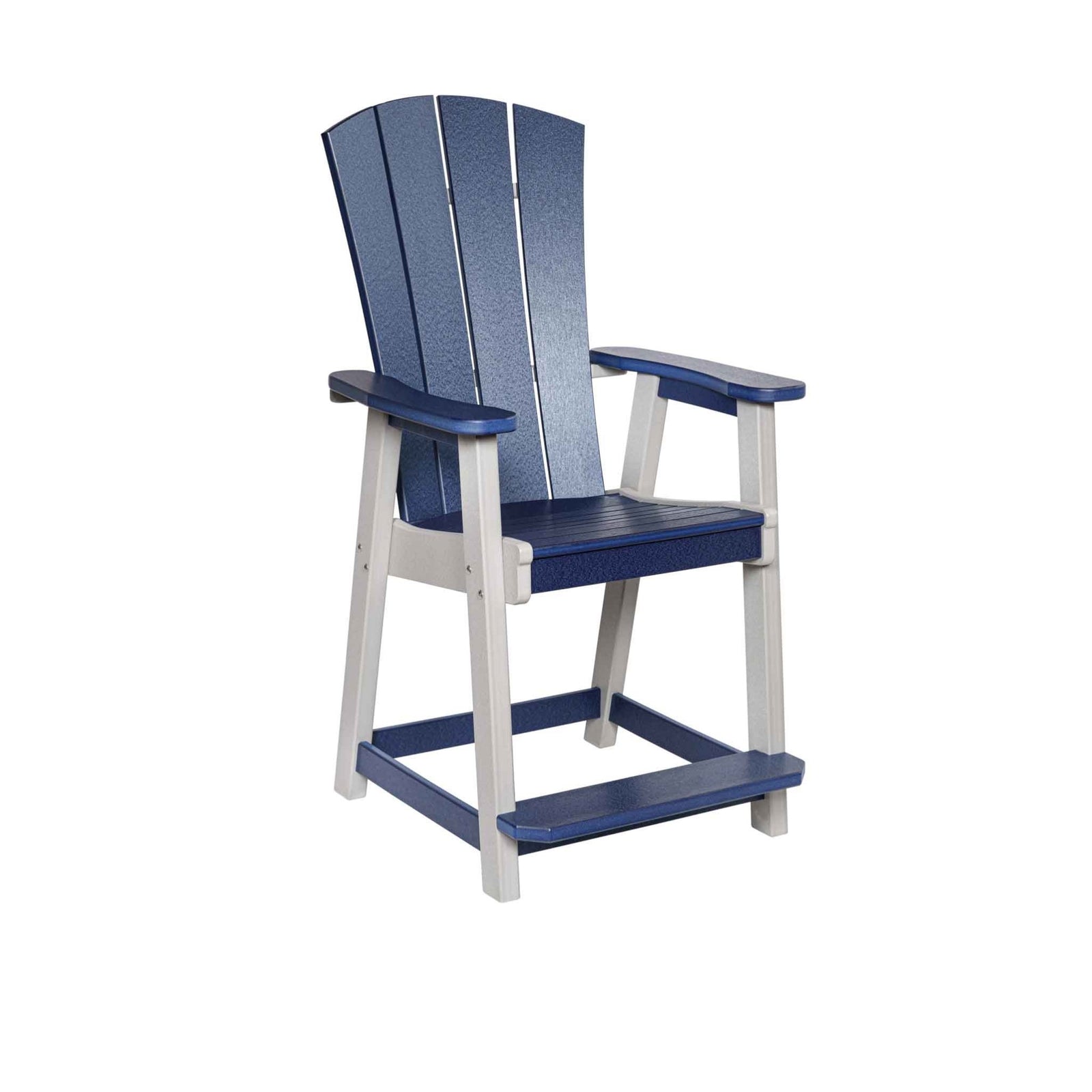 Counter height poly patio chair in navy with white legs, fan back slats, curved arms and a foot rail