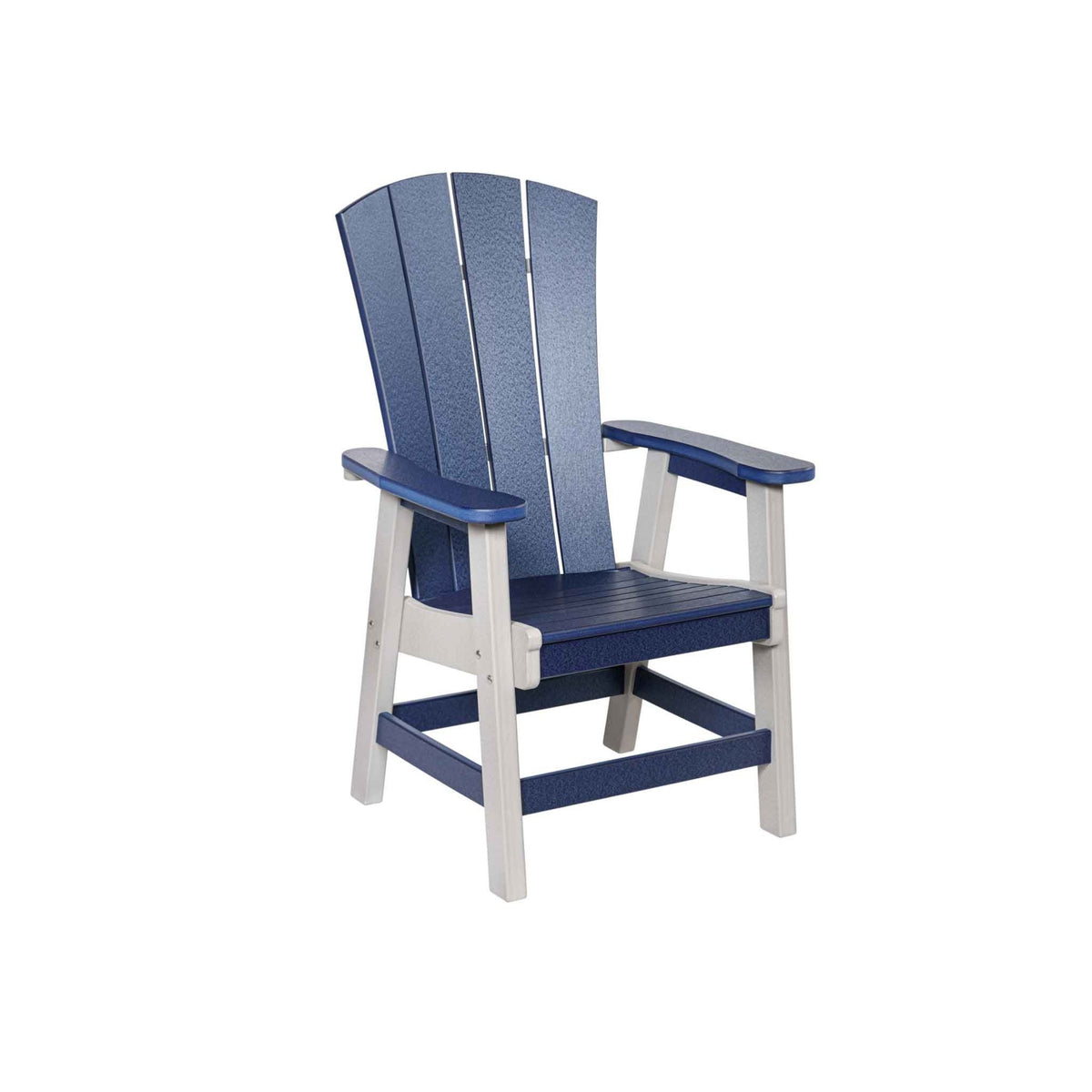 Navy and light gray poly dining chair with fanned Adirondack style back, shaped seat and flat wide armrests