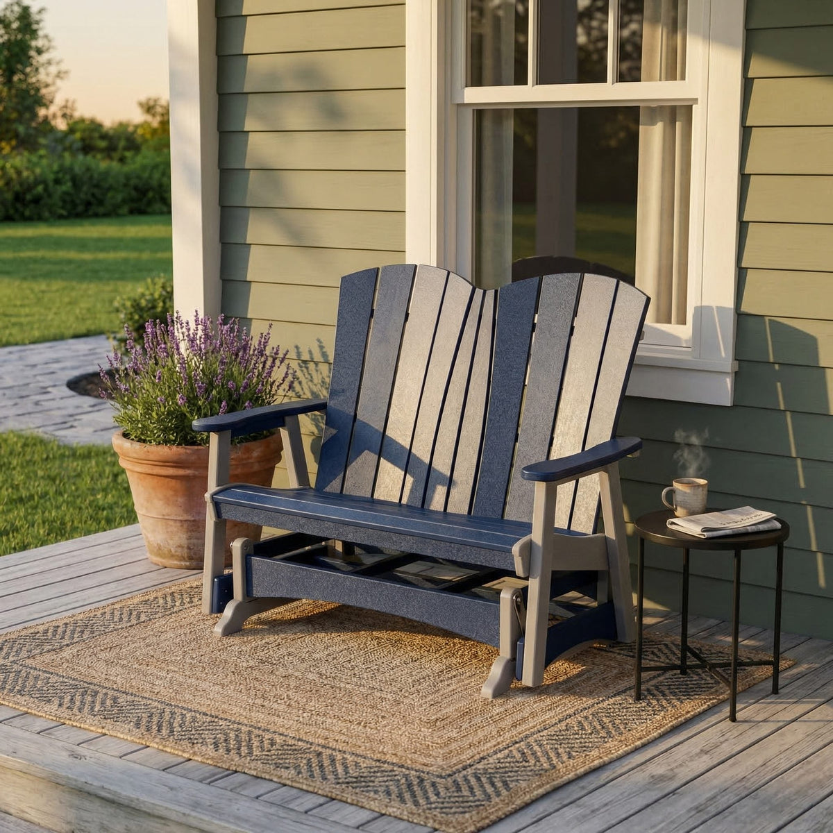 Cape May poly double glider, light gray & patriot blue, front porch