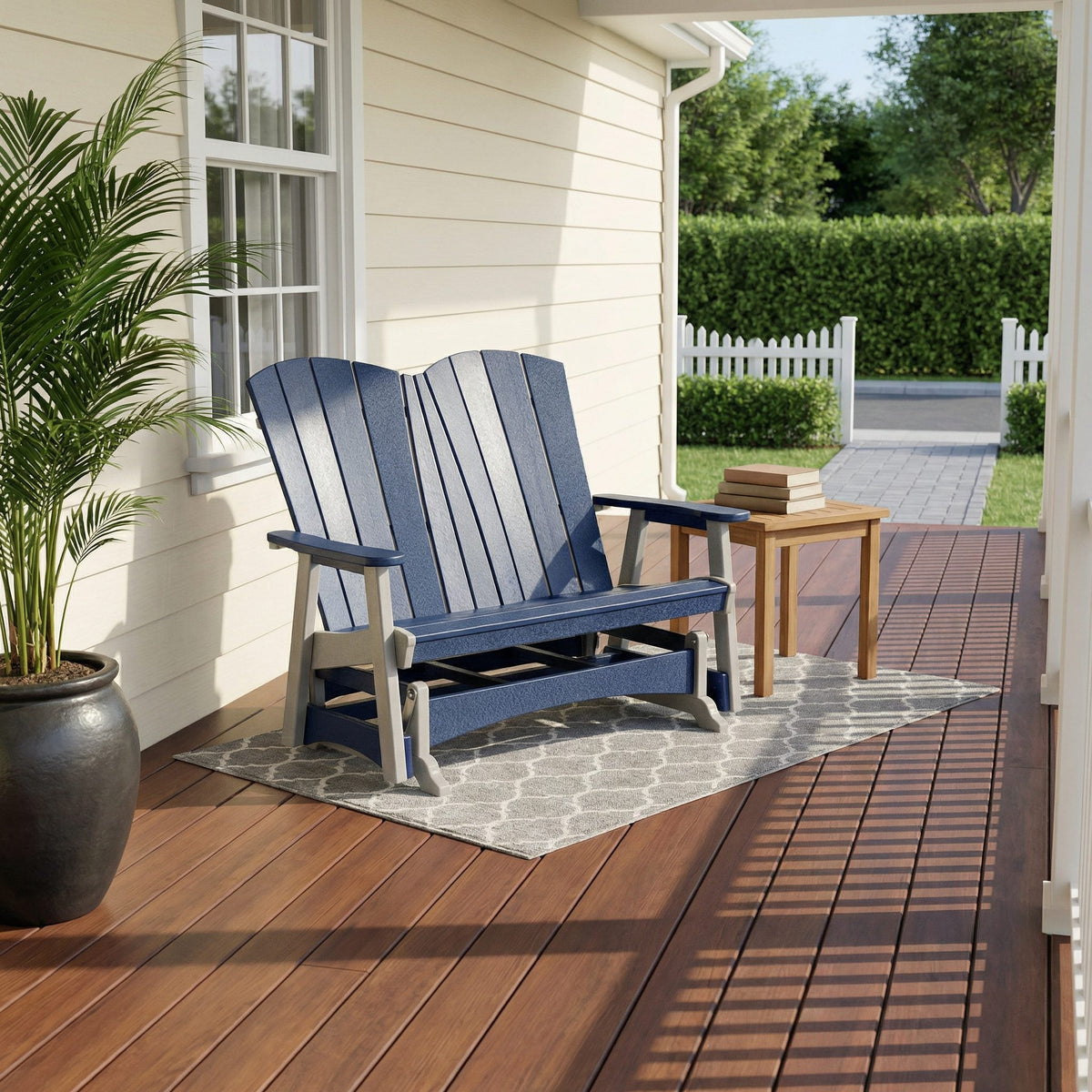 Cape May poly double glider, light gray & patriot blue, covered porch
