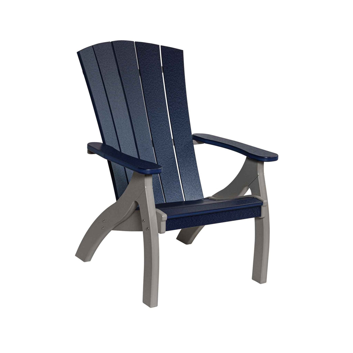 Navy and gray poly siesta chair with a wide reclined fan back, contoured seat and swooping arms on white