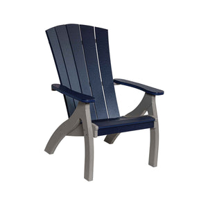 Navy and gray poly siesta chair with a wide reclined fan back, contoured seat and swooping arms on white