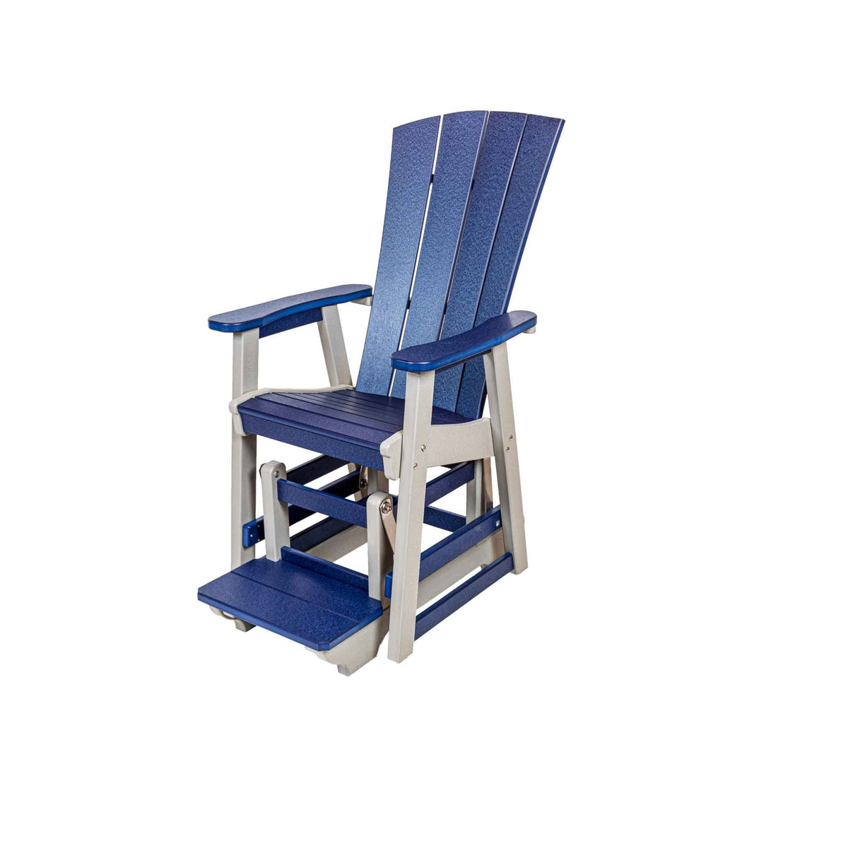 Navy and gray counter height single glider chair with fan back slats, arms and a raised poly footrest