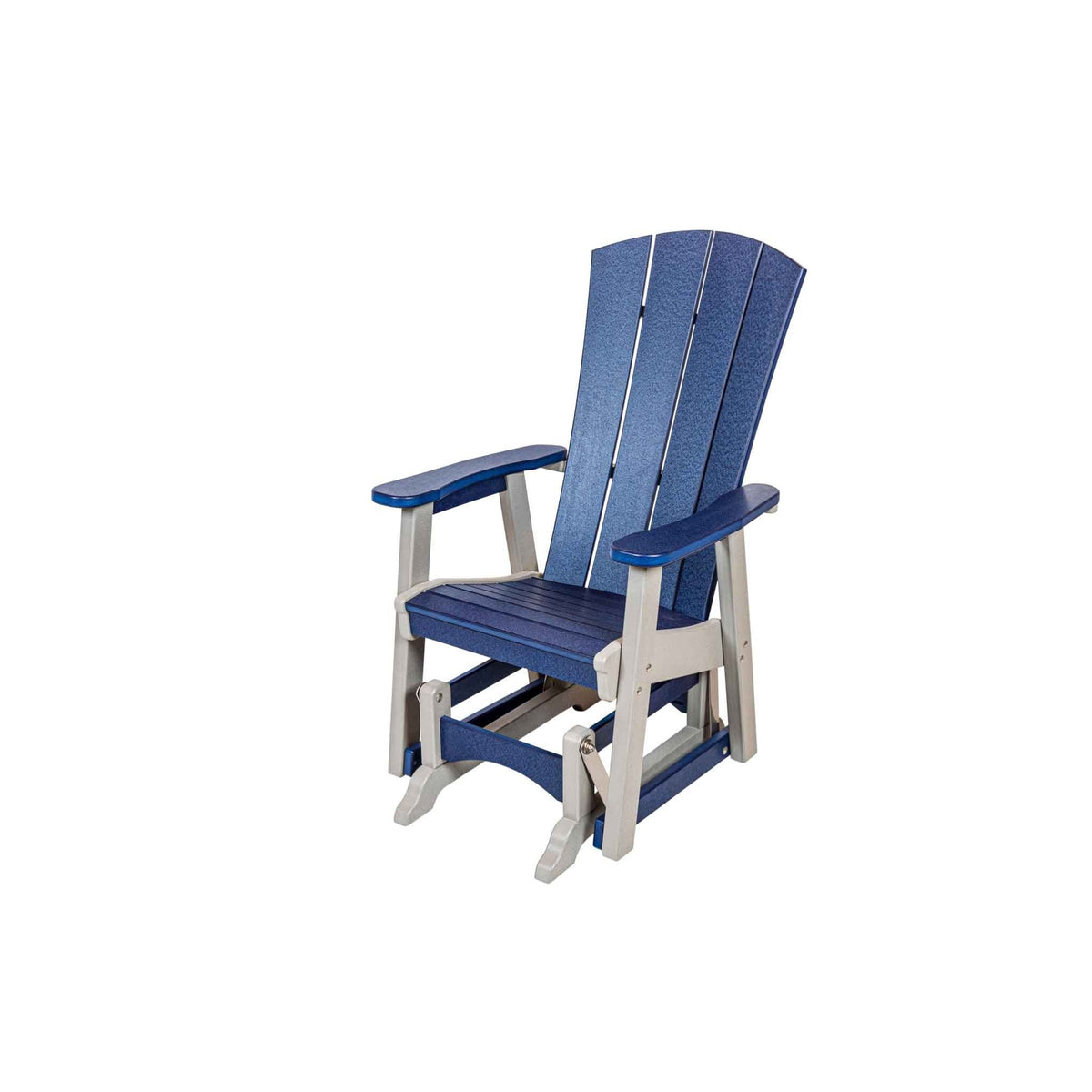 Navy and weatherwood single glider chair with fanned back, wide flat arms and a smooth gliding frame on white