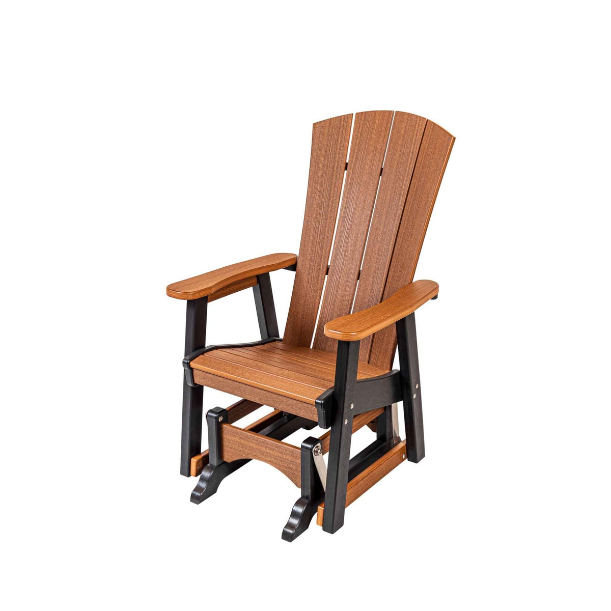 Brown and black single poly glider chair with curved fan back slats, contoured seat and glider base on white