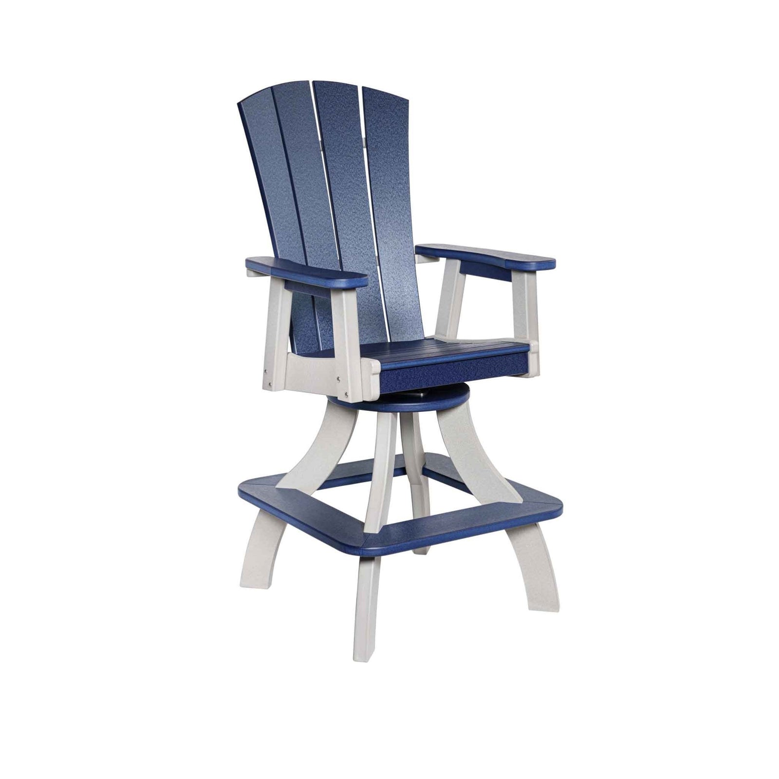 Navy and white swivel bar chair with fanned back, contoured seat, flared legs and a square poly footring