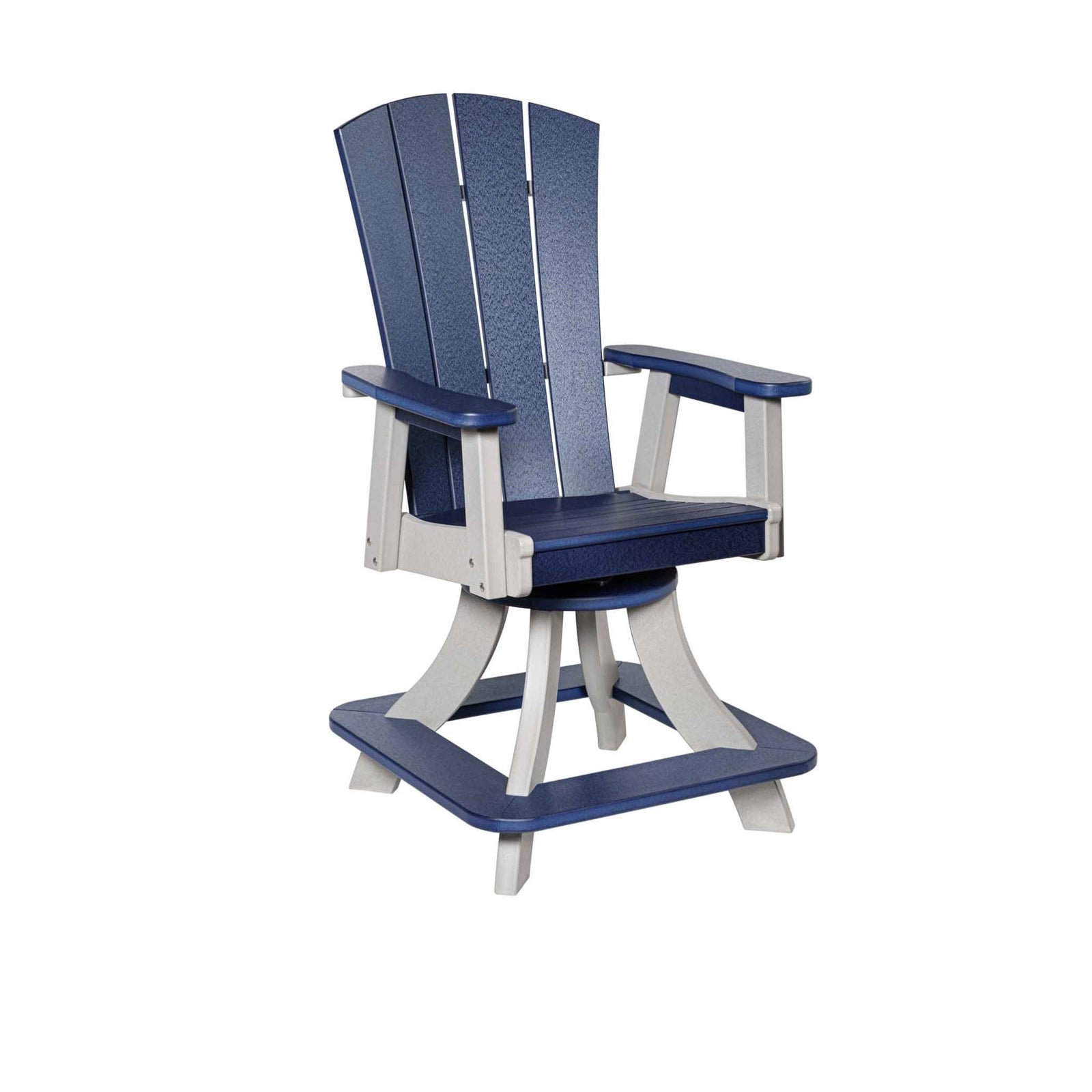 Counter height swivel chair in navy and gray poly with fan back slats, arms and a square footrest ring