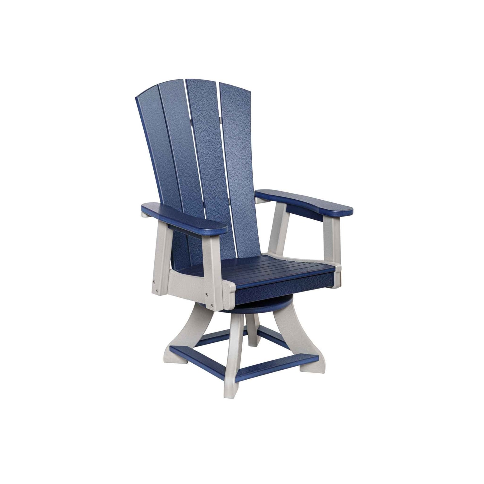 Navy and weatherwood swivel dining chair with fanned Adirondack back, curved arms and a low X shaped base