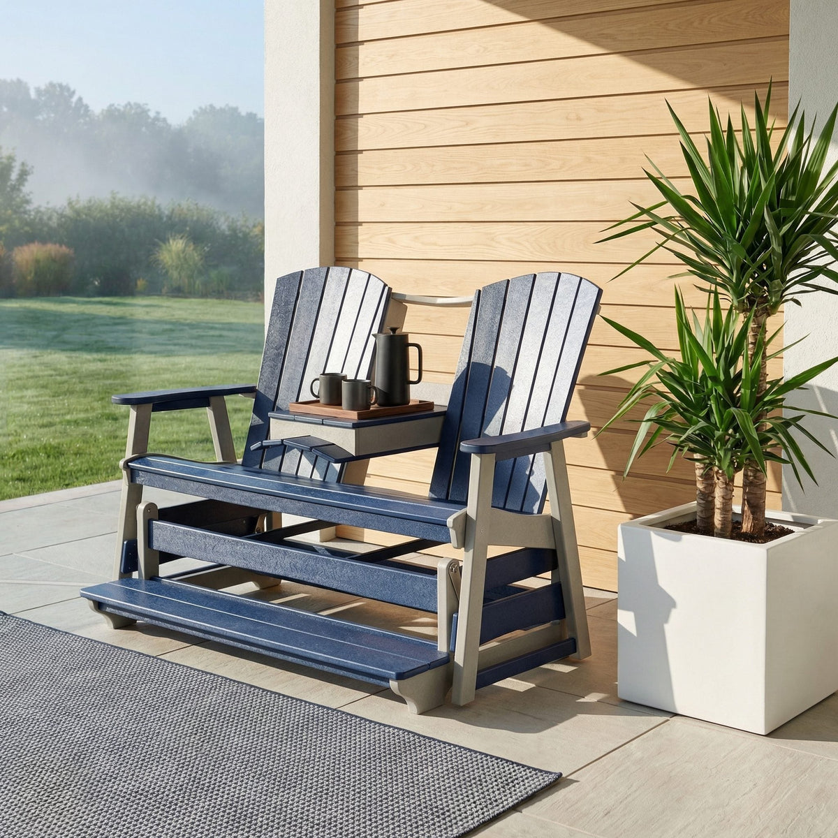 Cape May poly triple counter glider with console, light gray & patriot blue, sunny patio