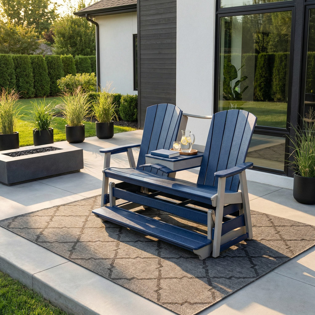 Cape May poly triple counter glider with console, light gray & patriot blue, modern patio