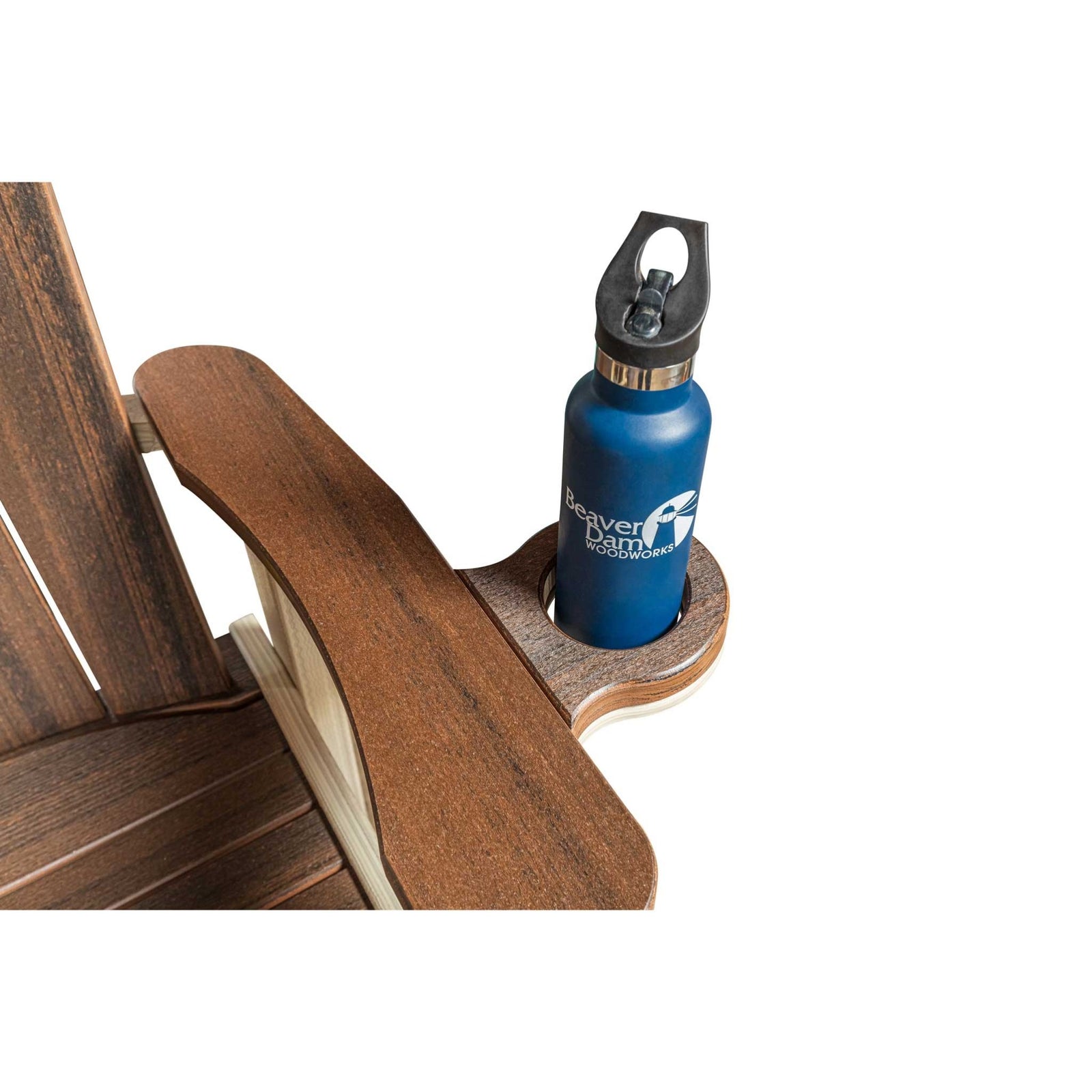 Brown poly cup holder attachment mounted on a chair arm holding a blue insulated water bottle