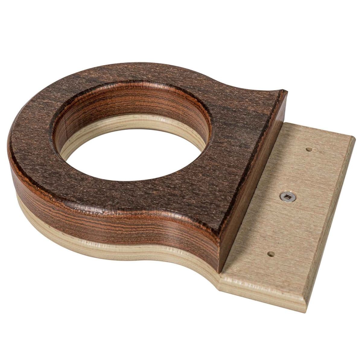 Brown and birch poly cup holder accessory shown off the chair with mounting bracket and screw holes