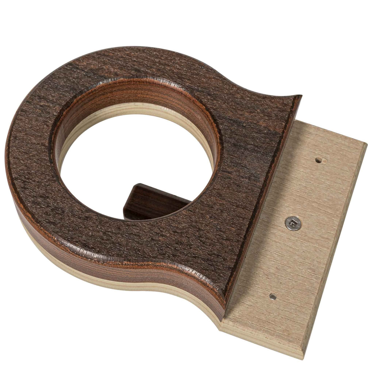 Angled view of the round poly chair cup holder in brown with a light edge and flat mounting plate