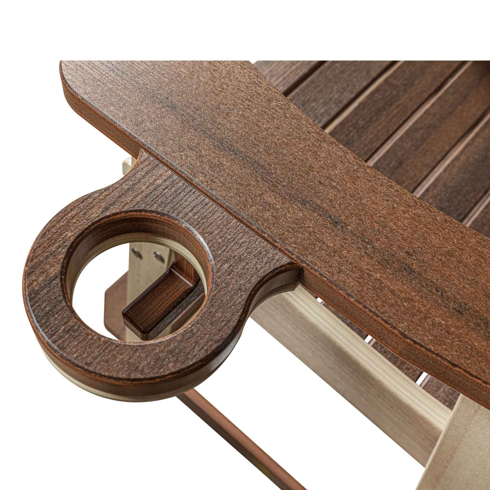 Brown poly cup holder attachment mounted on a chair arm holding a blue insulated water bottle
