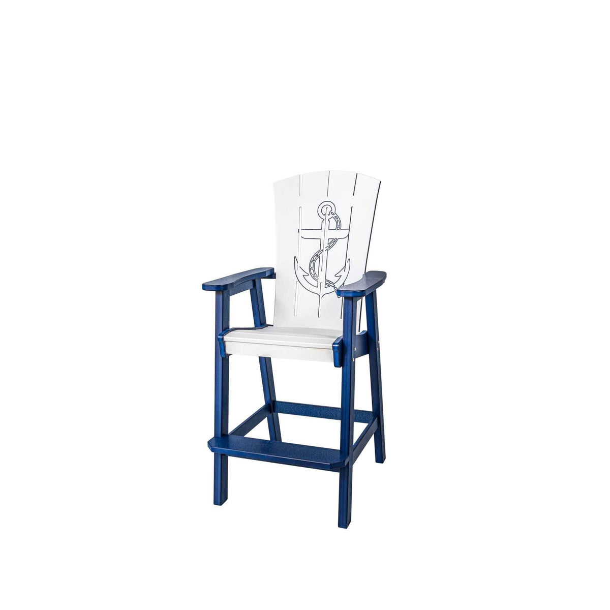 Navy and white bar height chair featuring an engraved anchor with rope on the plank back and arms