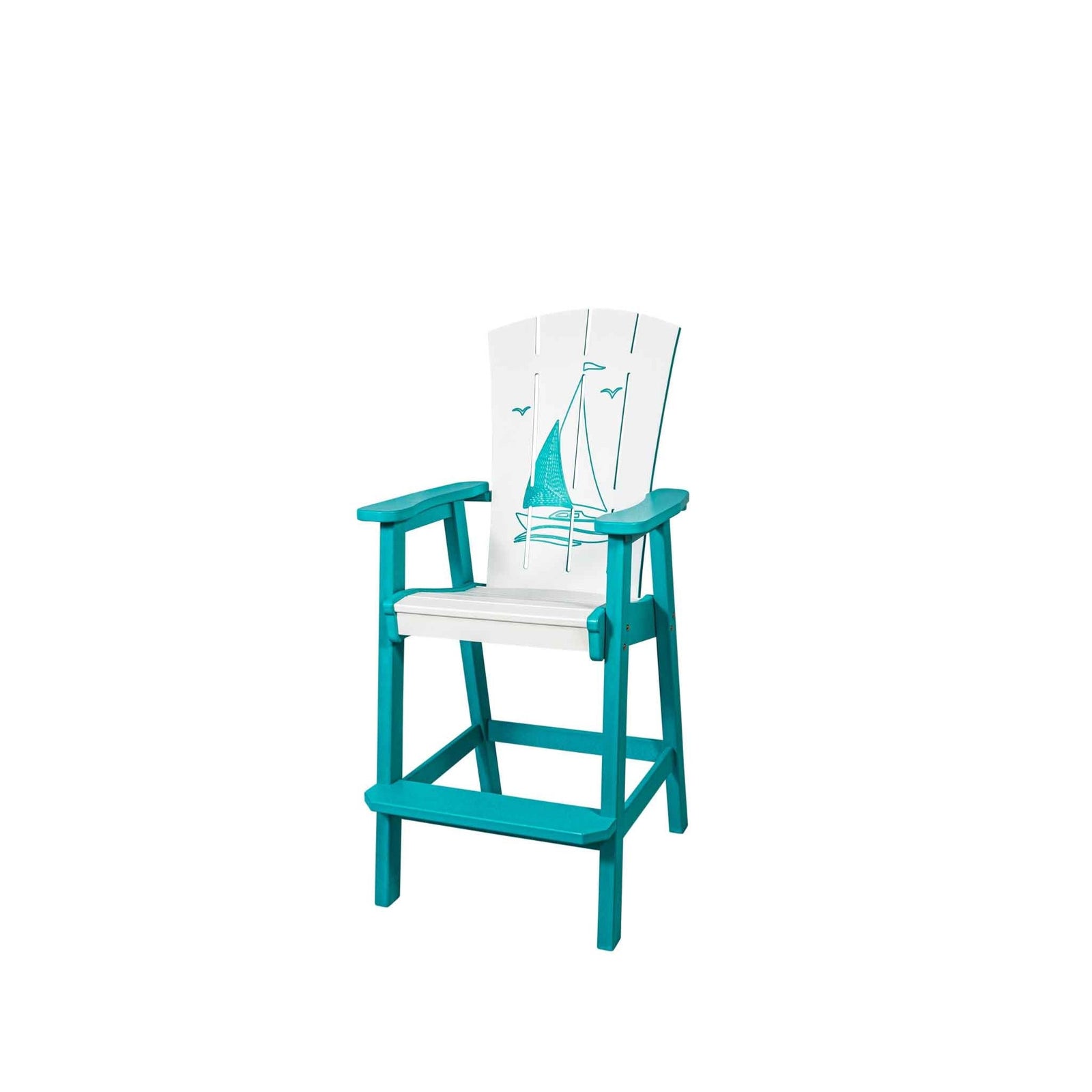 White and turquoise bar height chair with an engraved sailboat and seagulls on the back and a footrest