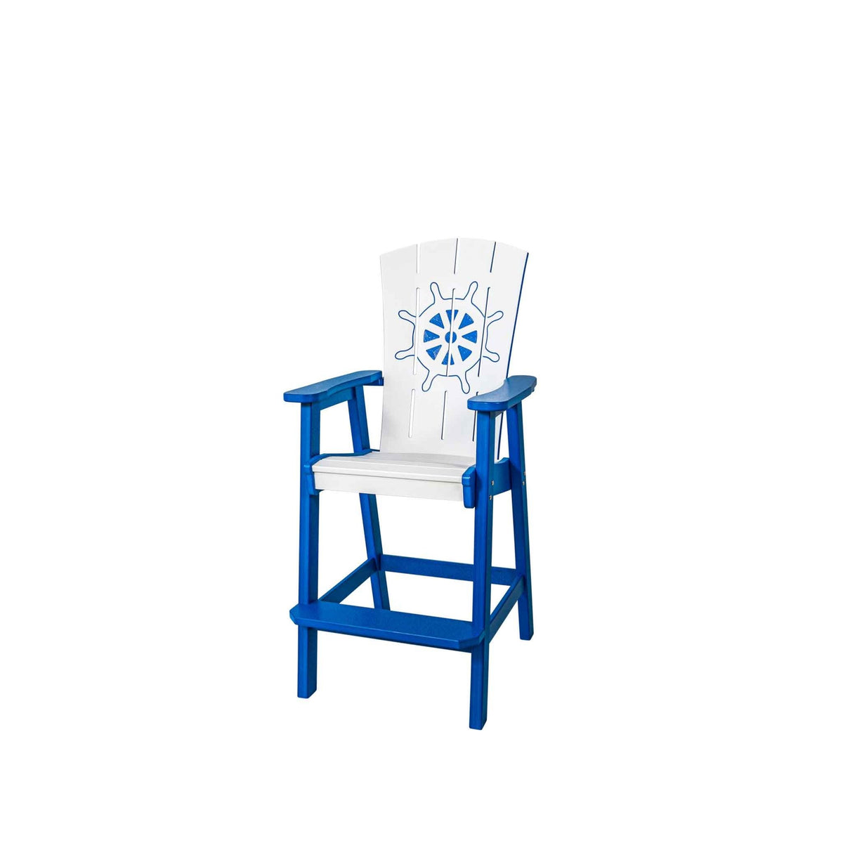 Royal blue and white bar height patio chair with an engraved ship wheel design on the plank back