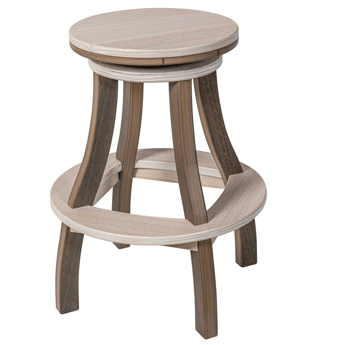 Weatherwood and driftwood round poly counter stool with splayed legs and a curved footrest ring