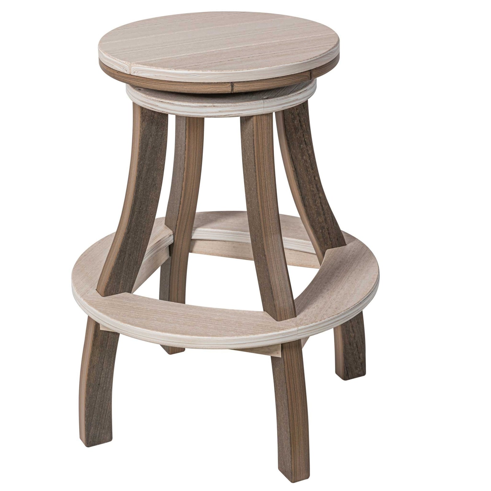 Weatherwood and driftwood round poly counter stool with splayed legs and a curved footrest ring