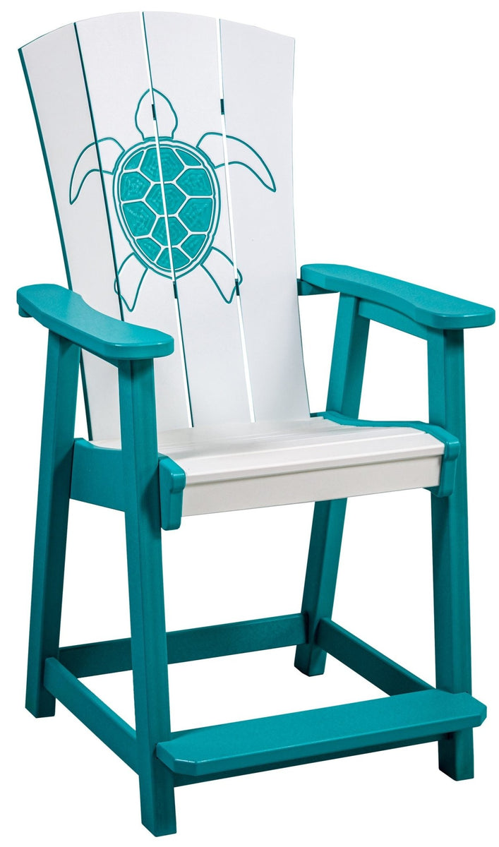 Dockside poly counter chair, white & aruba blue with turtle engraving, product shot