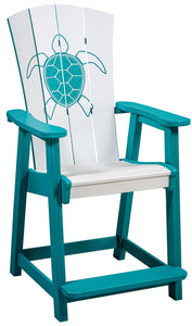 Dockside poly counter chair, white & aruba blue with turtle engraving, product shot