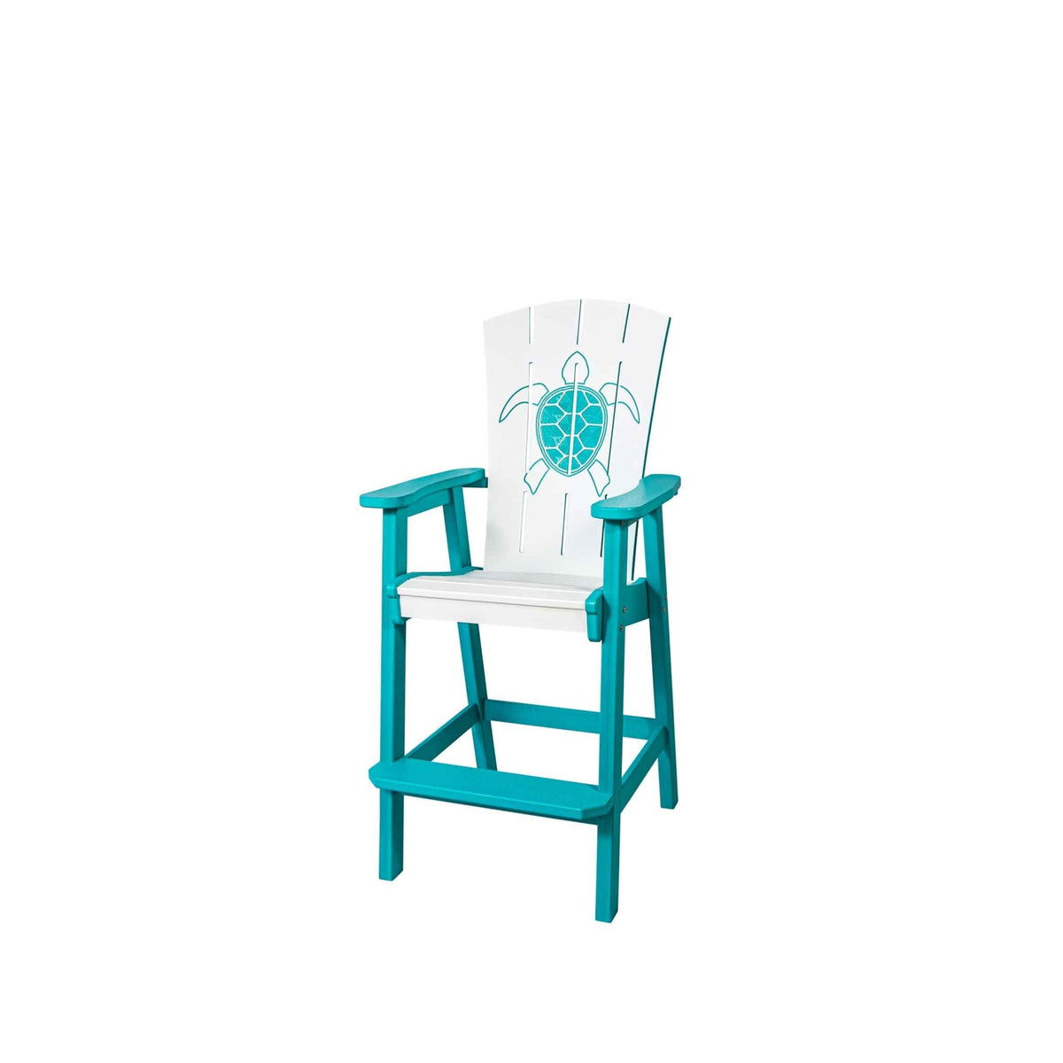 Counter chair in aqua and white poly with a carved sea turtle on the back, wide arms and a foot rail