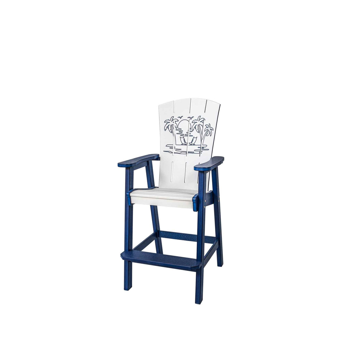 Counter height chair in navy and white with an engraved palm tree beach sunset scene on the back