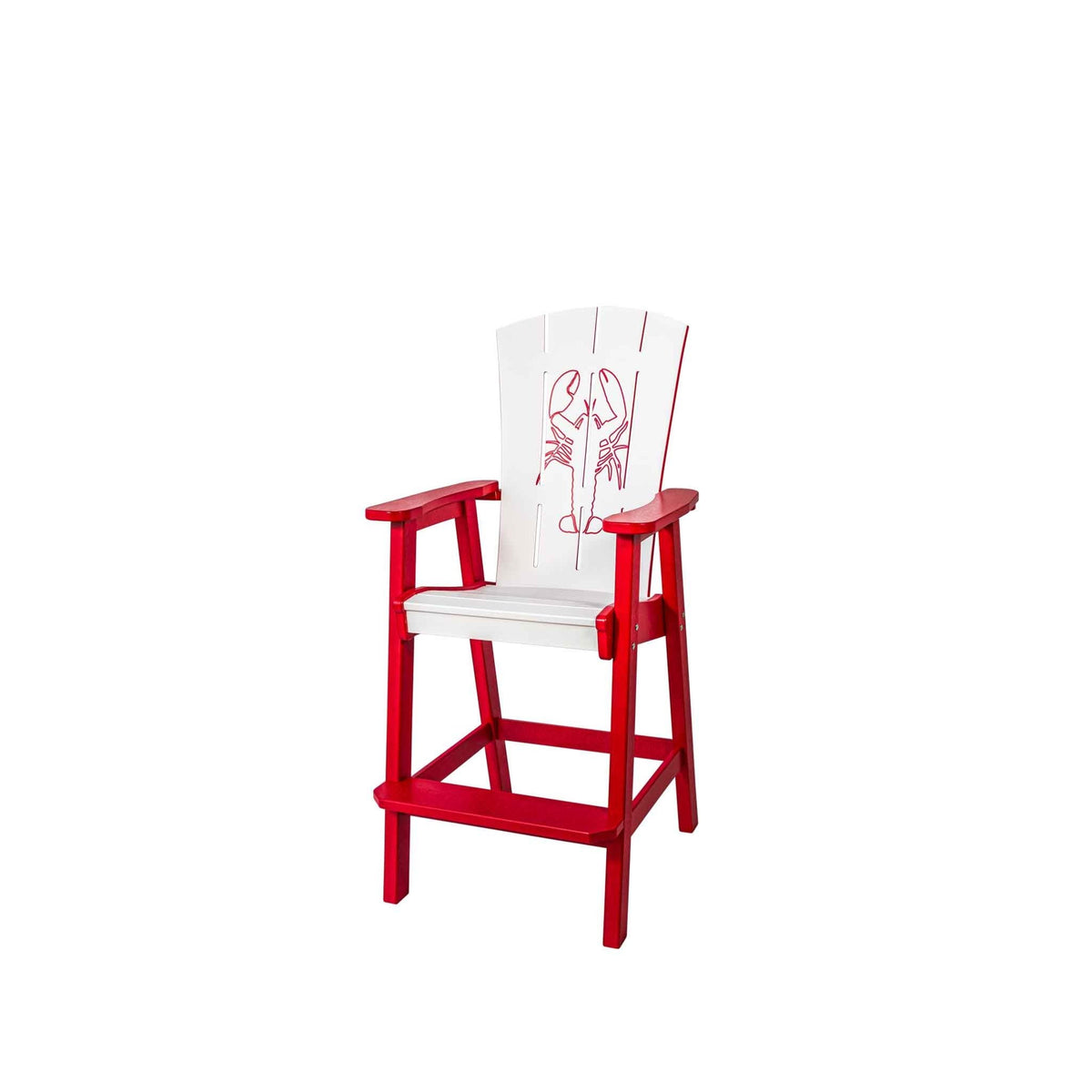 Red and white counter height patio chair with a carved lobster design on the back and a red footrest frame