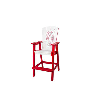 Red and white counter height patio chair with a carved lobster design on the back and a red footrest frame