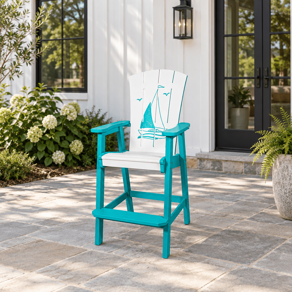 Amish Poly Patio Dockside Counter Chair shown in the back patio of a modern farmhouse home
