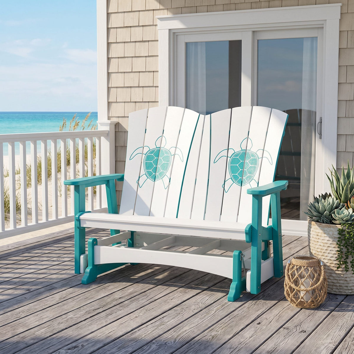 Dockside poly double glider, white & aruba blue with turtle engraving, beach house deck
