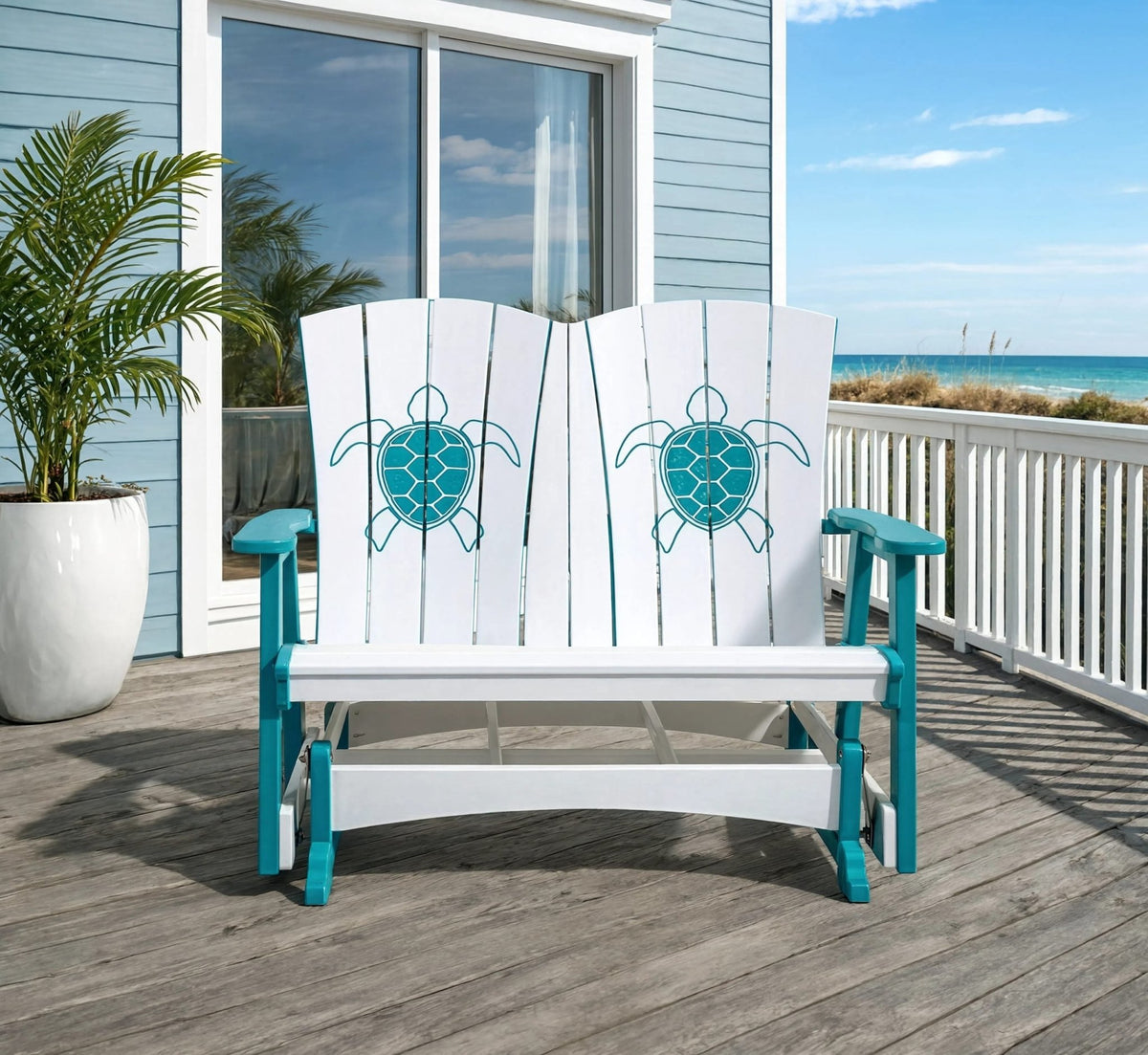 Dockside poly double glider, white & aruba blue with turtle engraving, porch