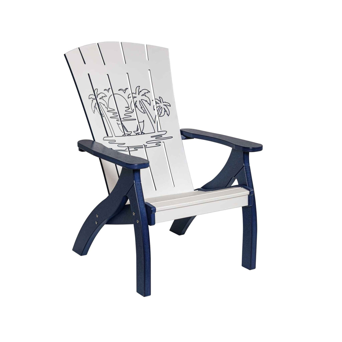 White Adirondack chair with navy legs and arms and an engraved palm tree beach scene on the back