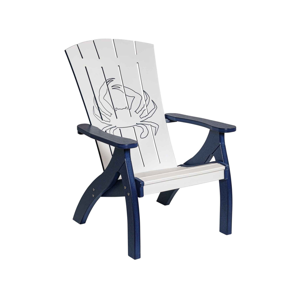 Navy and white Adirondack chair with a crab engraving on the plank back, curved arms and navy frame