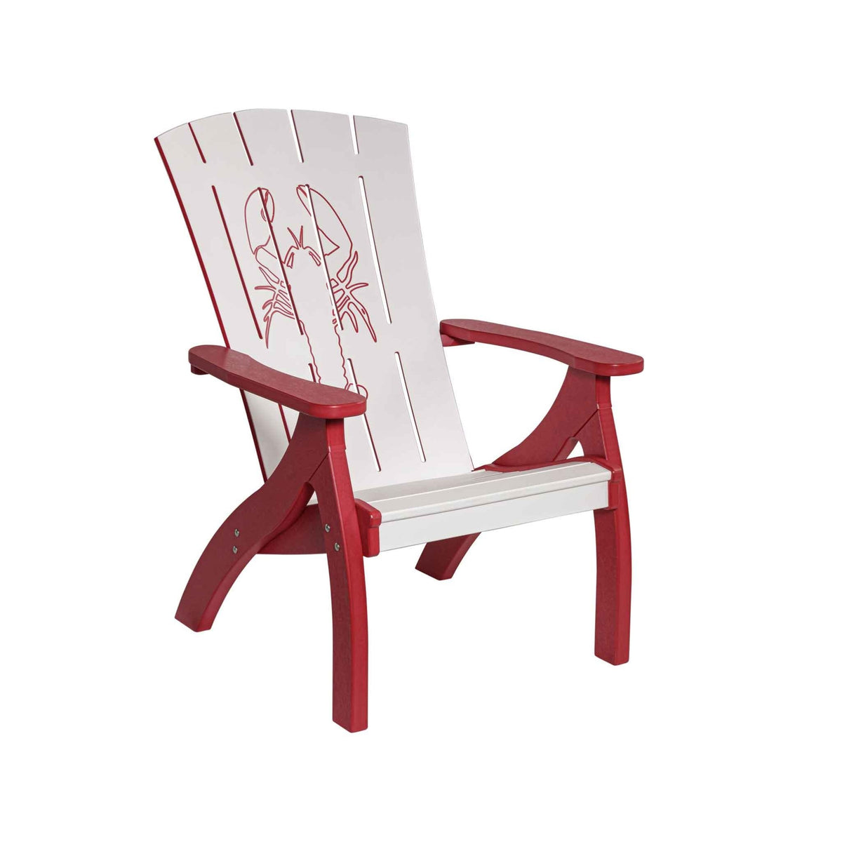 White and red poly Adirondack chair featuring a lobster engraving on the tall slatted back