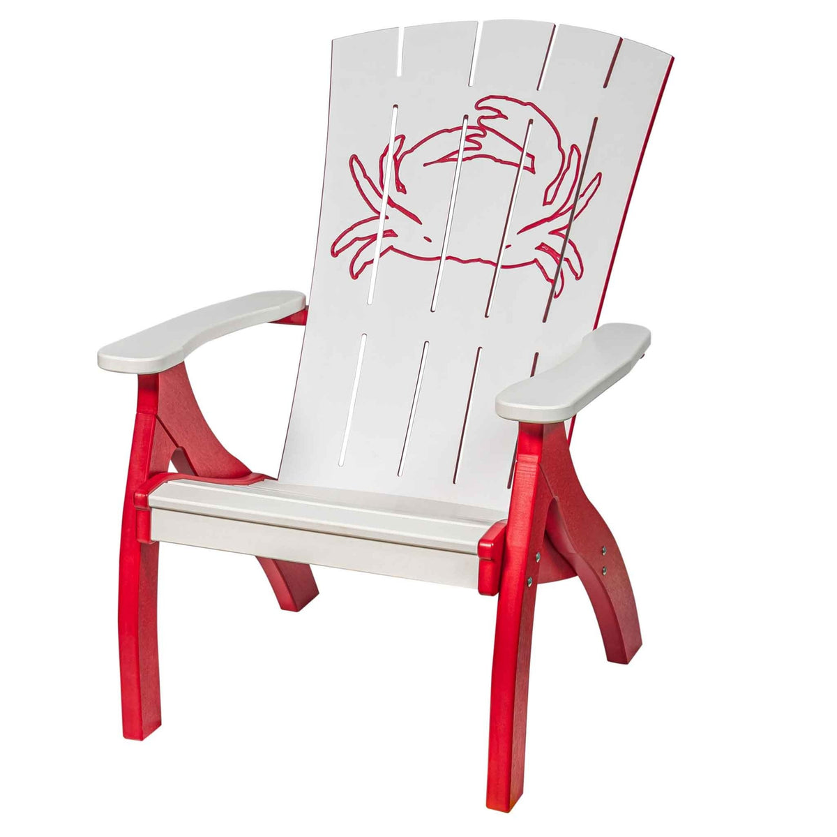 Red and white poly Adirondack style chair with a carved crab design on the tall slatted back and wide arms